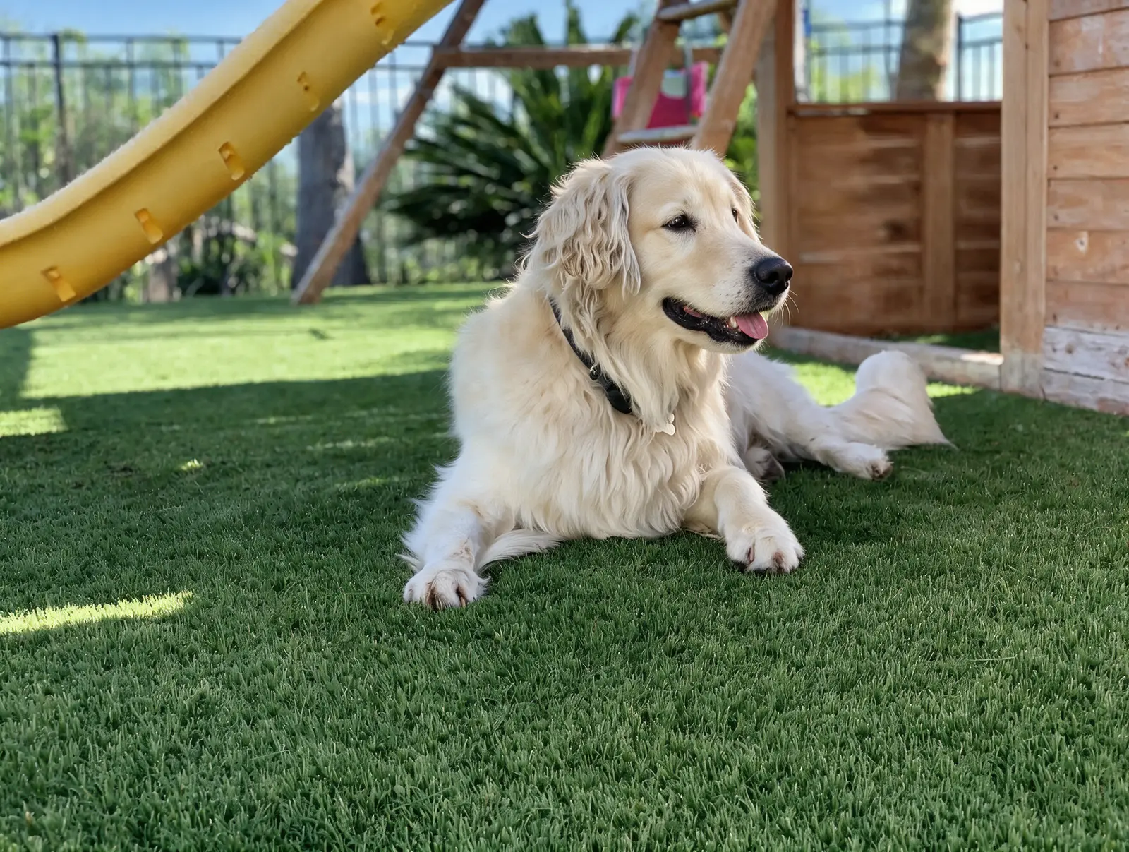 Golden retriever resting on pet turf installed by Panjia Outdoors in San Diego